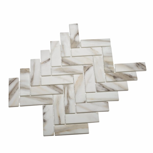 Apollo Tile Sample, Beige & White Herringbone 11"X12.6" Recycled Glass Mosaic Tile APLNNC9903CLEC34 Sample - main